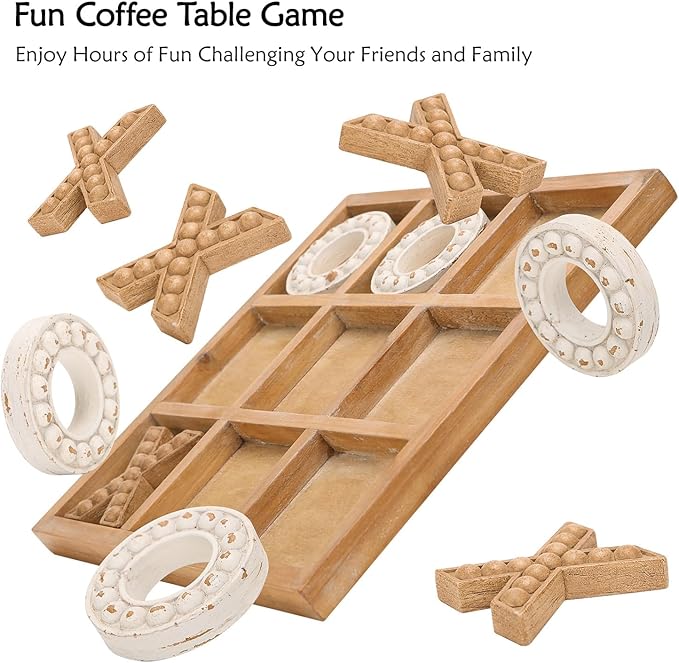 NIKKY HOME Tic Tac Toe Game Coffee Table Decor 10.6 Inch Rustic Wooden Board Wood &amp White