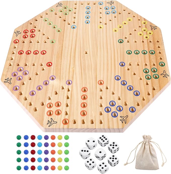 HOROW Wahoo Board Game Wooden Original Board Game Classic 2 Side Painted Fast Track Game for 6 Player and 8 Player with 32 Marbles8 Dices for Family Game Night(8-PlayerLog)