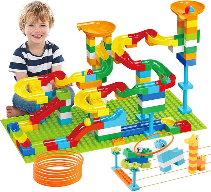 Marble Run Building Blocks for Kids Age 3-8 128 Pcs STEM Building Bricks Set with Toss Ring Game Educational Learning Toys for Toddlers Boys Girls Gifts- Compatible with All Major Brands