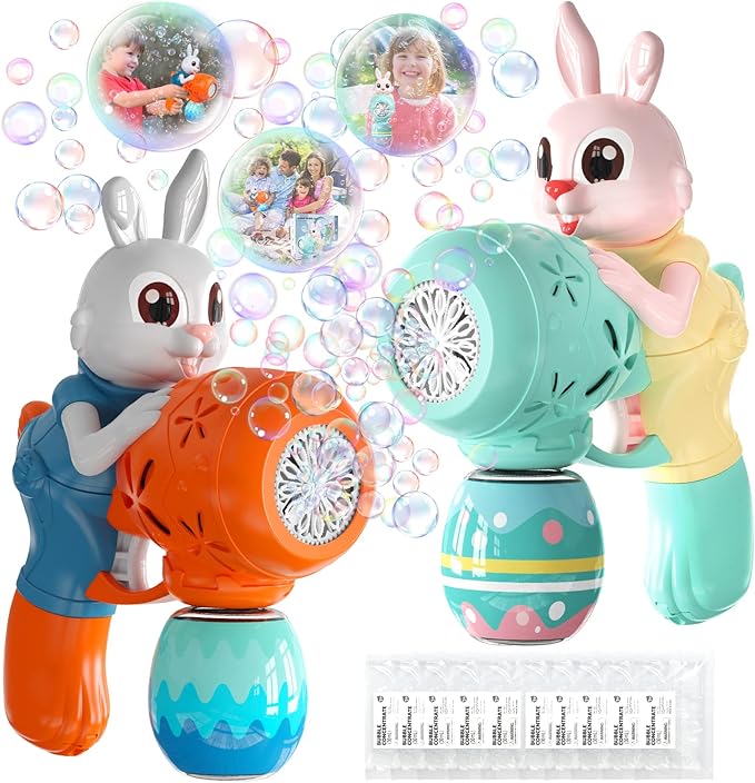 Bubble Guns for Toddlers2pcs Rabbit Bubble Machine for KidsAutomatic Bubble Blower with 10 Bubble SolutionsOutdoor Toys Easter Baskets Stuffers Gift for Age 3 4 5 6 7 8 Years Old Boys Girls