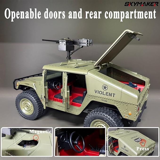 Skymaker H1 RC Crawler 4WD Military Car with Cannon and Winch Accessory RTR Off-Road Remote Control Cars for Adults Linkage Carlights and Steering Wheel (Olive Green)
