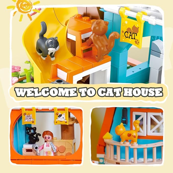 Cat House Building Set Animal Playground Crossing Toy with 8 Cats and a Doll Minifigures Compatible with Lego Friends Pet Sets Easter Gift Idea for Girls Kids Aged 6-12