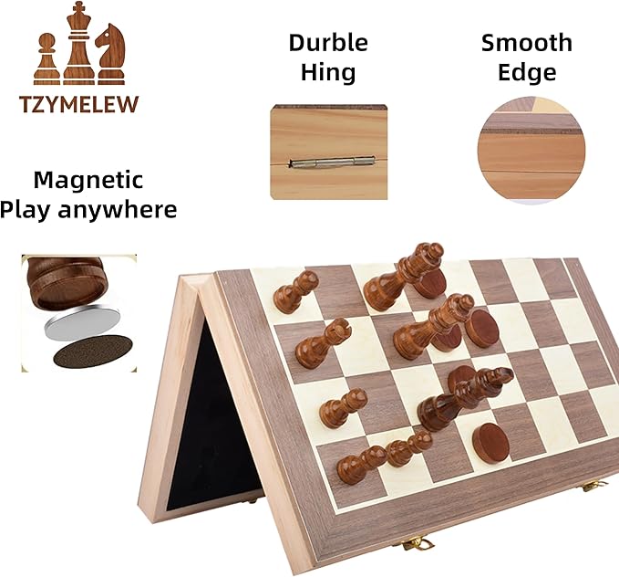 Wooden Magnetic Chess Set 15 – Foldable Board with Storage &amp Checkers Classic Family Game for Kids &amp Adults Perfect for Travel and Gifting