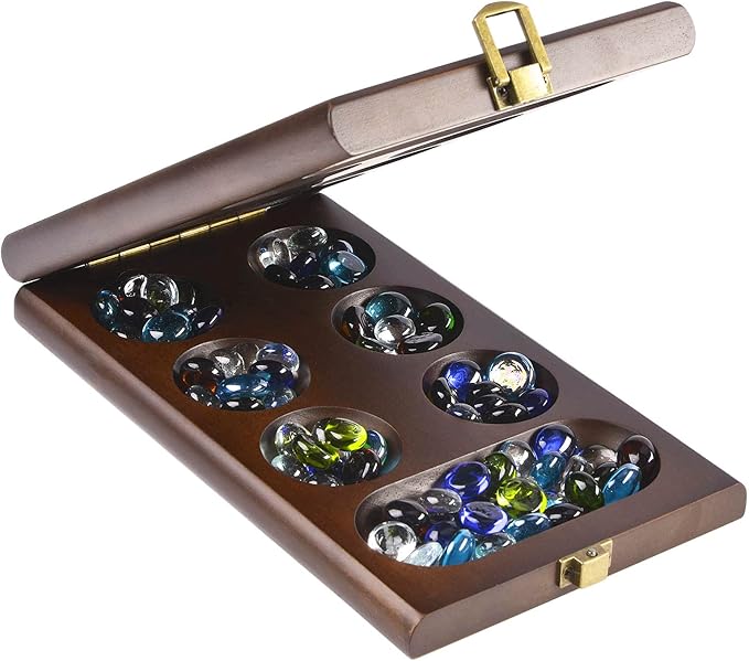 AMEROUS Wooden Mancala Board Game Set with 72+8 Bonus Multi Color Glass Stones - Folding Board - Mancala Instructions Classic Family Board Game for Kids Adults Tabletop Version
