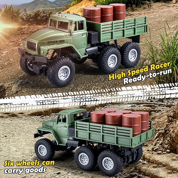 GoolRC RC Military Truck 1:16 Scale 6WD Remote Control Car 2.4GHz Off-Road RC Truck with LED Light and 2 Batteries All Terrain Army Transport Vehicle for Adults