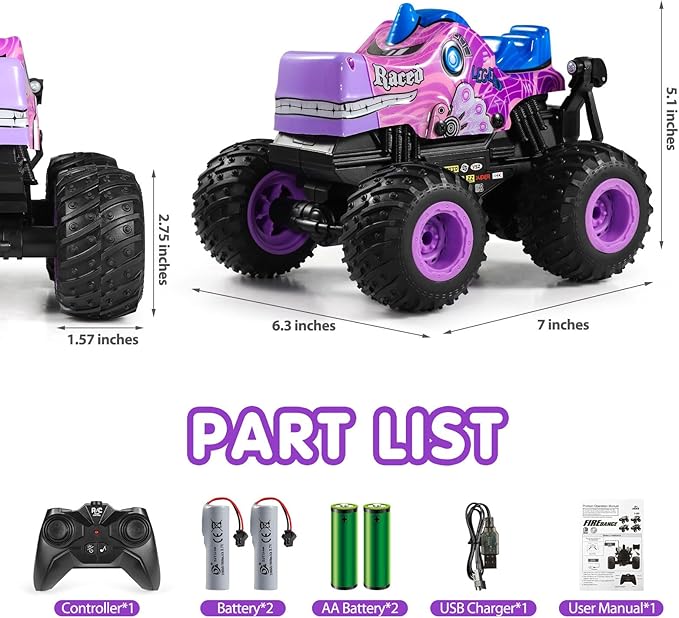 DYODYORC Remote Control Car 2.4Ghz All Terrain Monster Truck RC Truck with Music 3 Lighting Effects 360 Stunt Capable 2 Batteries Ready to Run Toy Gifts for Boys and Girls (Pink)