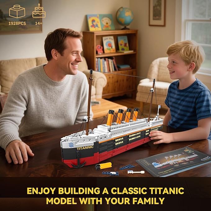2 in 1 Titanic Building Set Titanic Big Ship Model Building Kit with Lights Bricks and Glacier Compatible with Lego for Adults Men 1928 Pieces STEM Construction Toy for Teens 14+