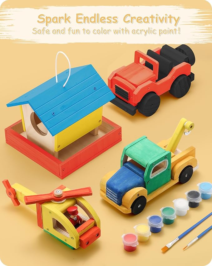 SainSmart Jr. Woodworking Building Kits for Kids with Birdhouse 4-in-1 Kids STEM Projects Set DIY Wood Crafts Assembly Toys with Paints &amp Brushes for Boys and Girls