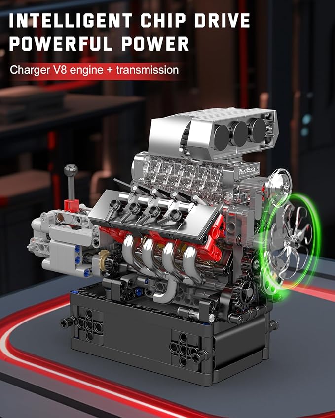 Mould King 10225 V8 Engine Model kit That Runs- Build Your Own STEM V8 Model Engine with Transmission 8-Cylinder Car Engine kit Building Engineering Toys for Adults Collections (855+PCS)