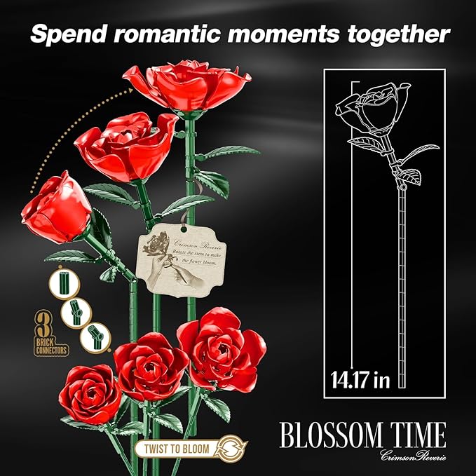 Rose Rotating Everlasting Flower Building Set (866PCS) Compatible Artificial Bouquet Elegant Home/Office Decor Accent for Tabletop Display Long-Lasting Home Decoration (Red)