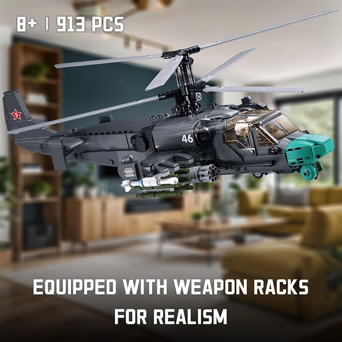 Kamov Ka-52 Scout Attack Helicopter Building Toy - Army Set with 913 PCS 1:30 Scale Includes 2 Toy Soldiers - Fun for Kids and Adults
