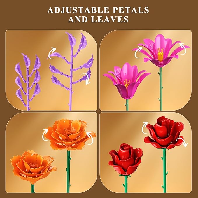 Flowers Bouquet Building Set with LED Light 21 Flower Botanical Collection Block Toy Rose Home Plant Decor 1054PCS for Her Adults Women Mom Kids Girls 12+ (RED)