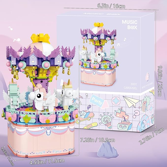 Music Box Building Toys Rotating Carousel DIY Building Block for Girls and Boys 6-12 Years Old 874 pcs STEM Construction Toy Valentine for Adults and Aged 8 9 10 11 12 Kids