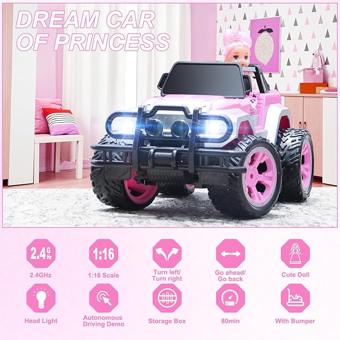 Remote Control Car for Girls Pink RC Car with Doll and Sticker for Ages 6-10 Years Old Girls 80 mins with Rechargeable Battery 1:16 Scale 2.4GhzOX11S Perfect Christmas Birthday Gifts for Grils