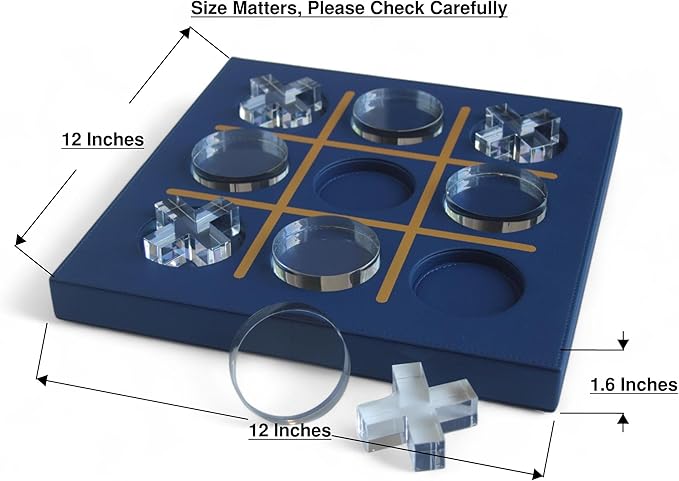 Modern Tic Tac Toe for Home Decoration with Blue Leather and Acrylic Pieces Decorative Table Top Housewarming Gift
