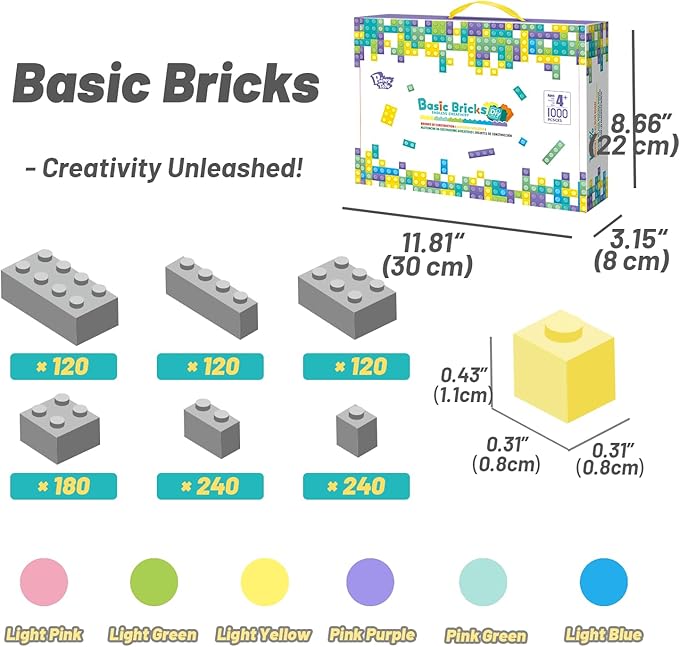 Classic Building Bricks Playset 1000 Pieces Bulk Blocks Set Accessories Compatible with All Major Brands Parts and Pieces STEM Toys for Kids 4+ Years Old (Pastel)
