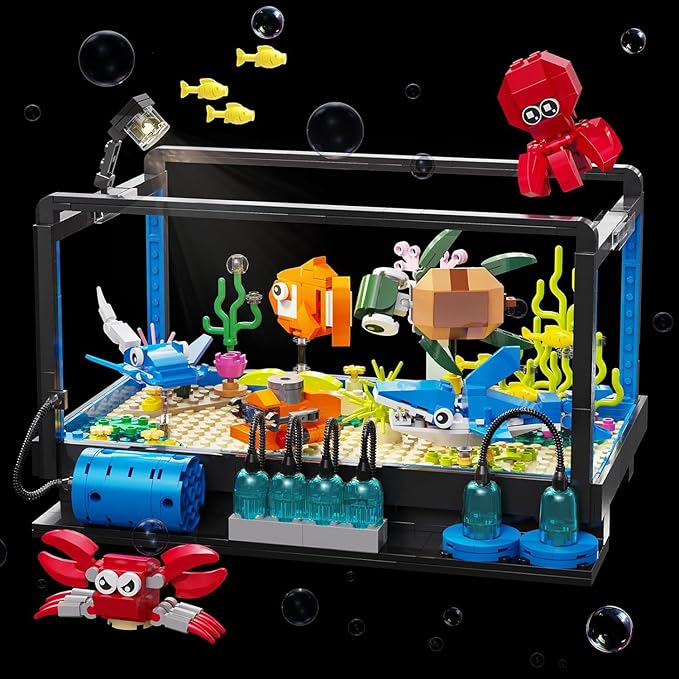 Fish Tank Building SetCompatible with Lego Aquarium Including Marine Life AnimalsCreative Lighting Fish Tank with Submarine Educational Building Toys for Kids 6-12(625Pieces)