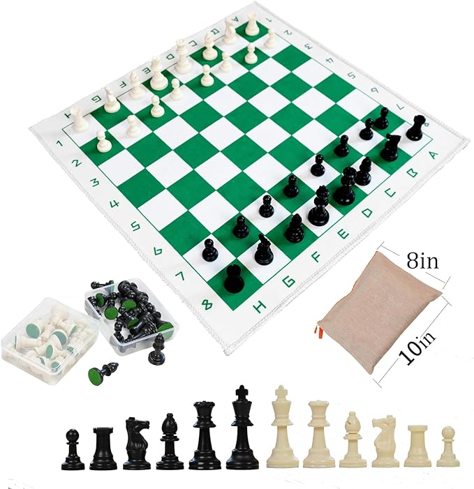 Chess Set with Green &amp White 19.7x19.7 Foldable Board 3 Non-Weighted Standard Pieces Portable Travel Chess Game for Kids &amp Beginners Classic Strategy Set with Storage Bag