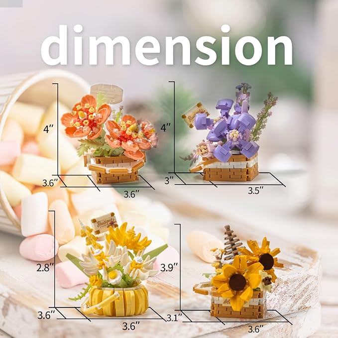 Miniature Flower Bouquet Building Blocks Set DIY Bonsai Basket Kit Artificial Flowers Botanical Collection Toys Home Shelf Decor for Adults &amp Teens (4 Sets)