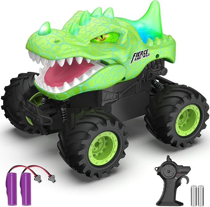 Dinosaur Remote Control Car 2.4GHz Monster Truck Toys Rechargeable RC Cars 1:24 Scale RC Truck with LED Light Movable Mouth Dinosaur Cars Toys for Kids Boys 6-8 8-12 Birthday Gift Green
