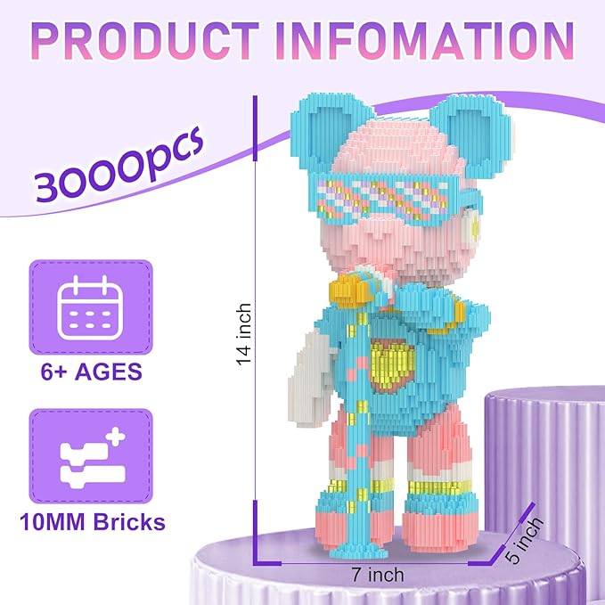 Bear Building Blocks with Organizer Bins (6000PCS) Fluorescent Bricks &amp Stroage Drawer Gift for Adults &amp Kids Ideal for Home &amp Office Decor QR Code User Manual 8892