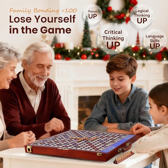 Deluxe Crossword Board Game with Rotating Board Foldable &amp Portable Design Large-Sized Board Built-in Storage for 2-4 Players Includes: Letter Tiles Wooden Racks Scorepad Set Hourglass