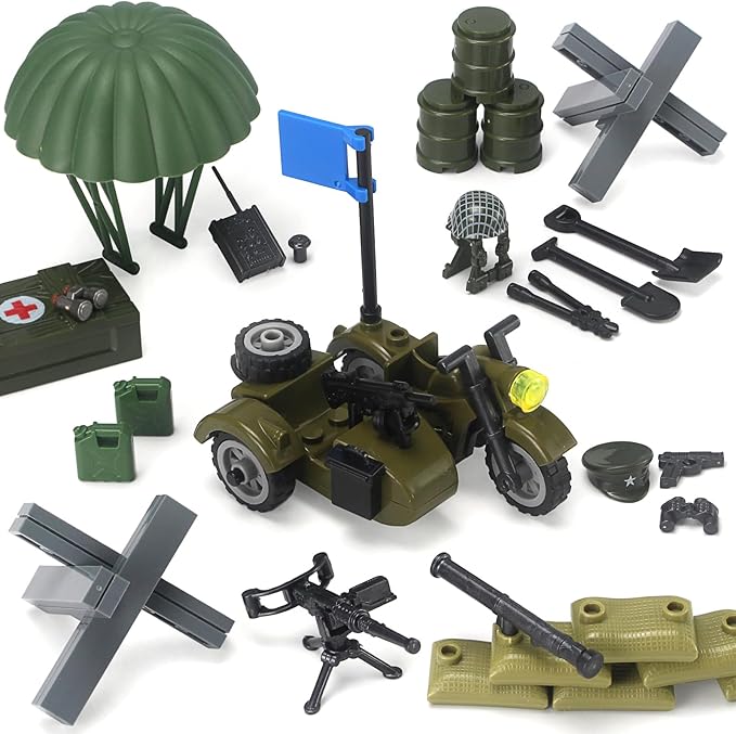 Feleph WW2 Military Vehicles Weapons Pack 282 Pieces US Army Building Block Toy Set WWII Car Tricycle Gear Helmets Vests Tools Bricks Model Compatible with Soldier Figures for Ages 6 and Up