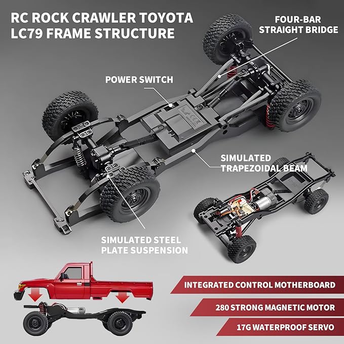 RC Rock Crawler 1/12 RC Crawler Off Road RC Truck 4x4 with 2.4GHz Remote Control 280 Brushed Motor All Terrain Rremote Control Truck RTR Proportional Throttle Steering MN-82（Red）