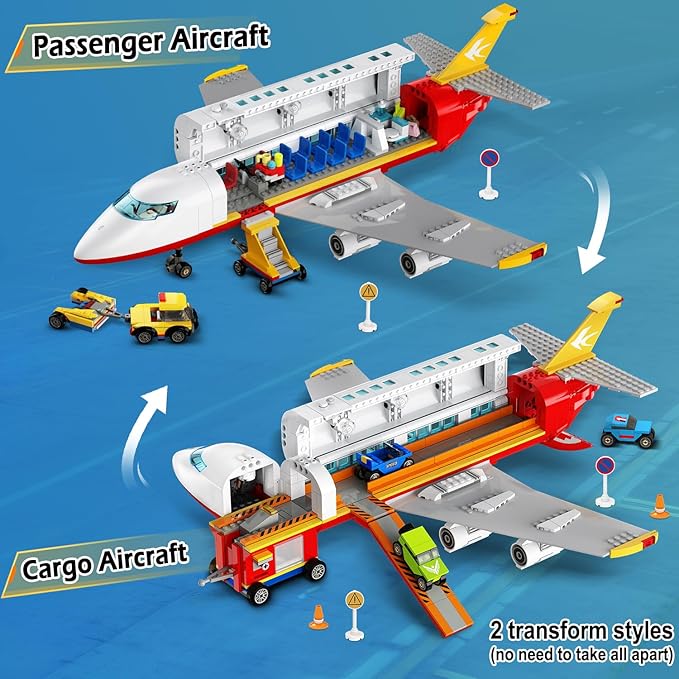 HOGOKIDS 2 Style City Airplane Building Set with LED Light - Plane Building Blocks Switch Passenger Cargo Projectile Toy with 3 Cars Planes Model Toys Valentines Gifts for Kids Boys Girls Age 6-12+