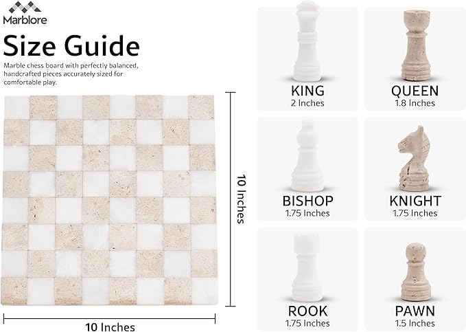 Marble Chess Set 10 Inch Handmade White &amp Travertine Chess Board with 32 Pieces &amp 2 Extra Queens Classic 2 Player Chess Game for Adults Elegant Gift for Women's and Perfect for Game Nights