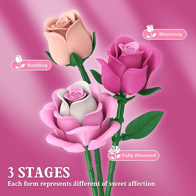 Pink Rose Bouquet Flowers Building Set 834Pcs Roses Artificial Flowers Botanical Collection Compatible with Lego Flowers for Adults Valentines Day Gifts for Her Women Wife Girlfriend Mom