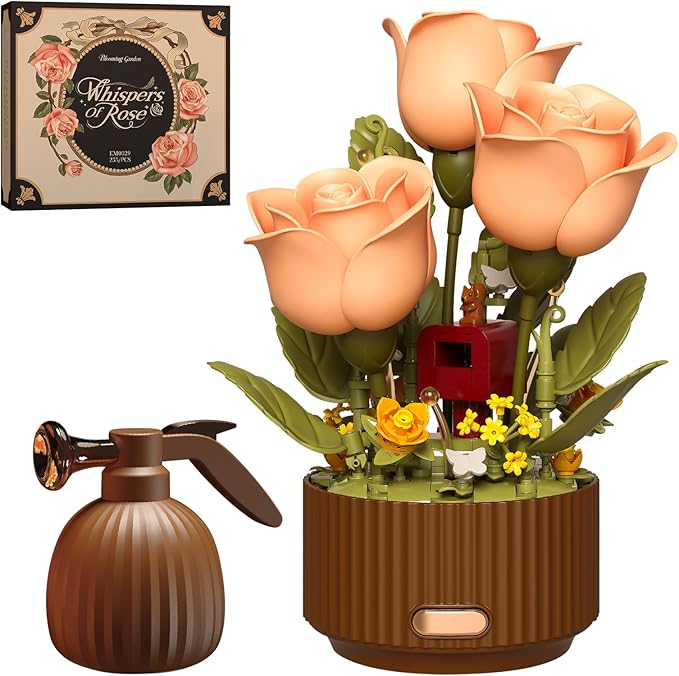 Rose Flower Building Blocks Set Motorized Blooming Flowers for Adults Romantic Gift for Women Girlfriend Home Desk Decor DIY Botanical Display 255 PCS