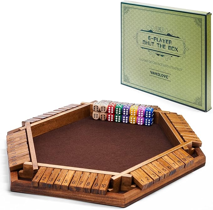 Vamslove Shut The Box Dice Game Wooden Board (L15 x W13) for 1 2 3 4 5 6 Player 6 Sided 10 Numbers Math Games with 16 Dices for Kids Adults(Instructions Included)
