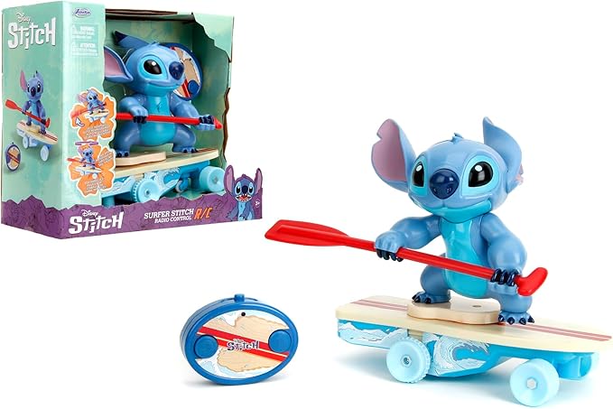 Jada Radio Control Stitch with Surfboard - 2.4 GHz - Straight Forward and Reverse Curve - 1 Channel - Integrated Figure - for Children from 3 Years - 25 cm - (253074009)