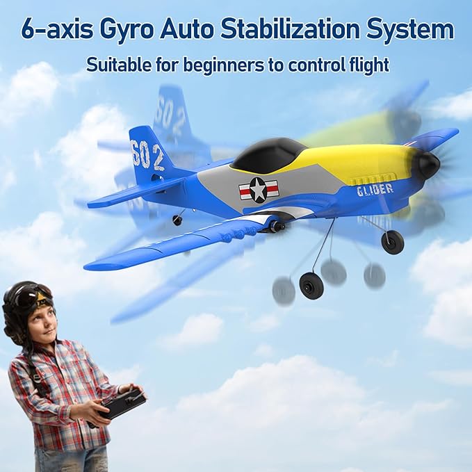 RC Plane 3 Channel RC Airplane 2.4GHz with 2 Batteries 6-axis Gyro Stabilizer Easy to Fly for Beginners Adults and Kids (P-51D)