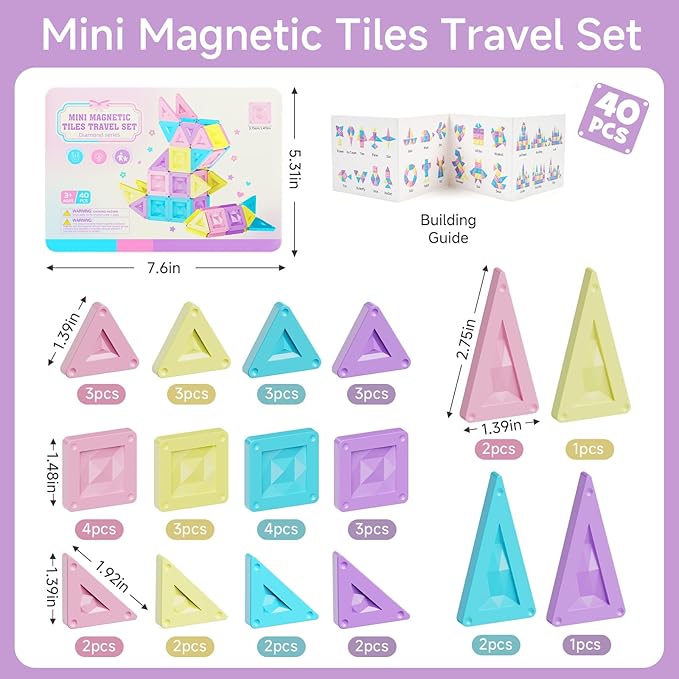 Mini Magnetic Tiles Girls Travel Set: 40 PCS Macaron Building Block with Tin Box - 90 Mins Quiet Play 45s Cleanup - Fly Trip Road Trip Toys for Kids Age 3 4 5 6
