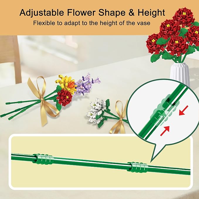 Flowers Bouquet Building Set 12 Artificial Flowers 1064 PCS Bricks Blocks Toy for Adults &amp Kids Botanical Collection Gift for Mother's Day Valentine Birthday Christmas (No Vase)