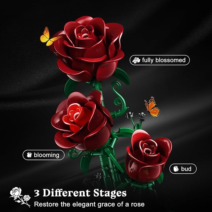 Flower Building Set with LED Light - 241 PCS Burgundy Red Rose Building Blocks Kit with Cover Easter Day Gift for Her Grilfriend Wife 3.6MM Mini Botanical Collection Block Toy Home Decor