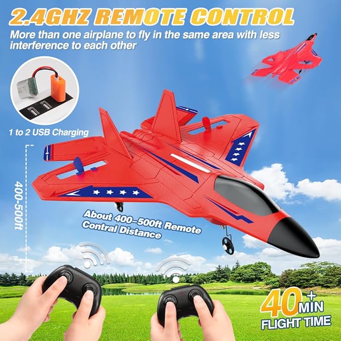 Fremego F-22 Raptor RC Plane 2.4GHz RC Airplane Fighter Toy Ready to Fly Remote Control Airplane Easy to Fly RC Glider Sports for Kids &amp Beginners (Red)