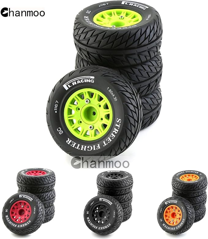1/10 RC Short Course Truck Tires And Wheels With 12mm 14mm 17mm Hex 113mm 1/8 Rubber Tyres For 1/8 or 1/10 Scale On Road Car HSP Sonic 94102 GT PTG-2 Tamiya TT02 RC Racing Car 4PCS (Green B)
