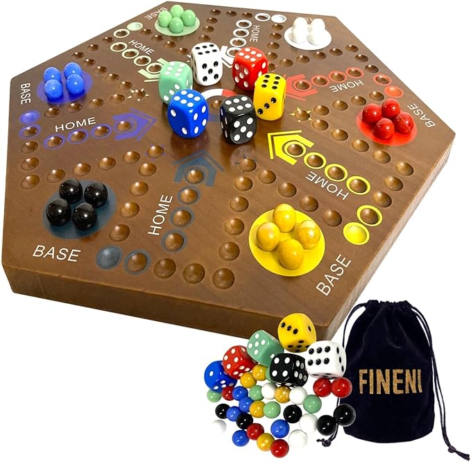 Wooden Board Games Marble Board Game Original with Dual Sides Fast Track Board Game for 2 to 6 Players Double Side Marble Game 6 Colors 30 Marbles Set and 6 Color 6 DicePouch (20 Dark)