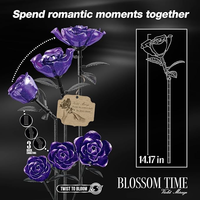 Rose Rotating Everlasting Flower Building Set (866PCS) Compatible Artificial Bouquet Elegant Home/Office Decor Accent for Tabletop Display Long-Lasting Home Decoration (Purple)