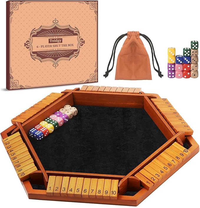1-6 Players Shut The Box Dice Games Wooden Board Table Math Game with 16 Dice and Instructions Classics Close The Box Board Game for Adults Kids Family Classroom Home or Bar