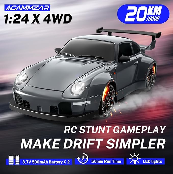 RC Drift Car 1:24 Scale Remote Control Vehicle with LED Lights 2.4GHz 20KM/H 4WD High Speed RC Cars Drifting Tires＆Two Batteries. (Dark-Gray)