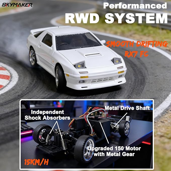 Skymaker Mazda RX7-FC RC Drift Car - 1:18 LDRC RWD Remote Control Car with Two Batteries &amp Metal Drive Shaft Easy to Drift for Adults Indoors Racing(White with Gyro)
