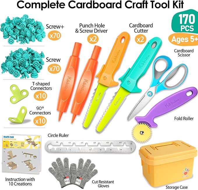 Kibbidea Cardboard Cutter for Kids with Screws &ampTool Box 170PCS Cardboard Construction Tool Kit STEM Resuable Building Toys for Boys and Girls Engineering &amp Creativity（Aged 5+）