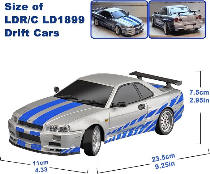 Skymaker LDRC Drift Car Nissan Skyline GTR R34 1/18 RWD High Speed Drifting RC Model Drift Cars 2.4GHz with Gyroscope 3 Batteries (Silver)
