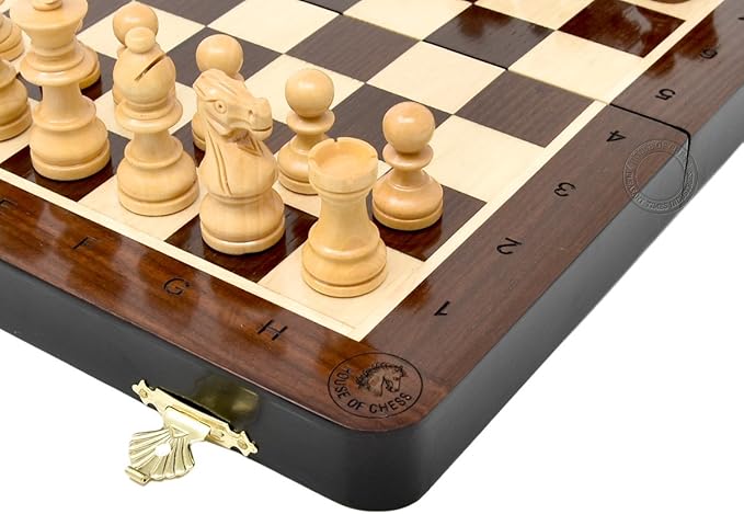 House of Chess - 10 Inch Wooden Magnetic Folding Travel Chess Set/Board with 2 Extra Knights 2 Extra Pawns 2 Extra Queens and Algebraic Notation - Handmade - Premium Quality