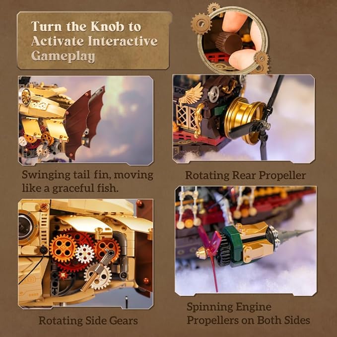 PANTASY Steampunk Airship Model Kit for Adults Dual-Layer Zeppelin with Gear-Driven Mechanical System DIY Building Blocks Set Retro Sci-Fi Construction Toy for Collectors &amp Display