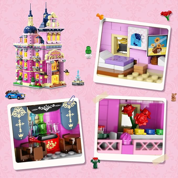 Pink Estate House Building Set with Lights 3 Style Pinkspire Construction Model with Car Fountain 1815 PCS Friends Villa Castle Building Block Kit Home Decor Gift for Adults Boys Girls 8-12+